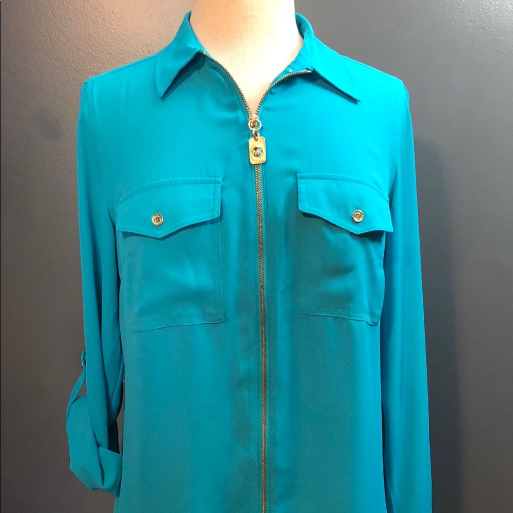 MICHAEL Michael KORS TILE BLUE sheer blouse